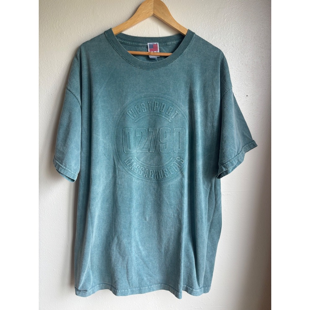 Tyca Westport Massachusetts 02790 Embossed Graphic T-Shirt Mens XL Teal USA Made